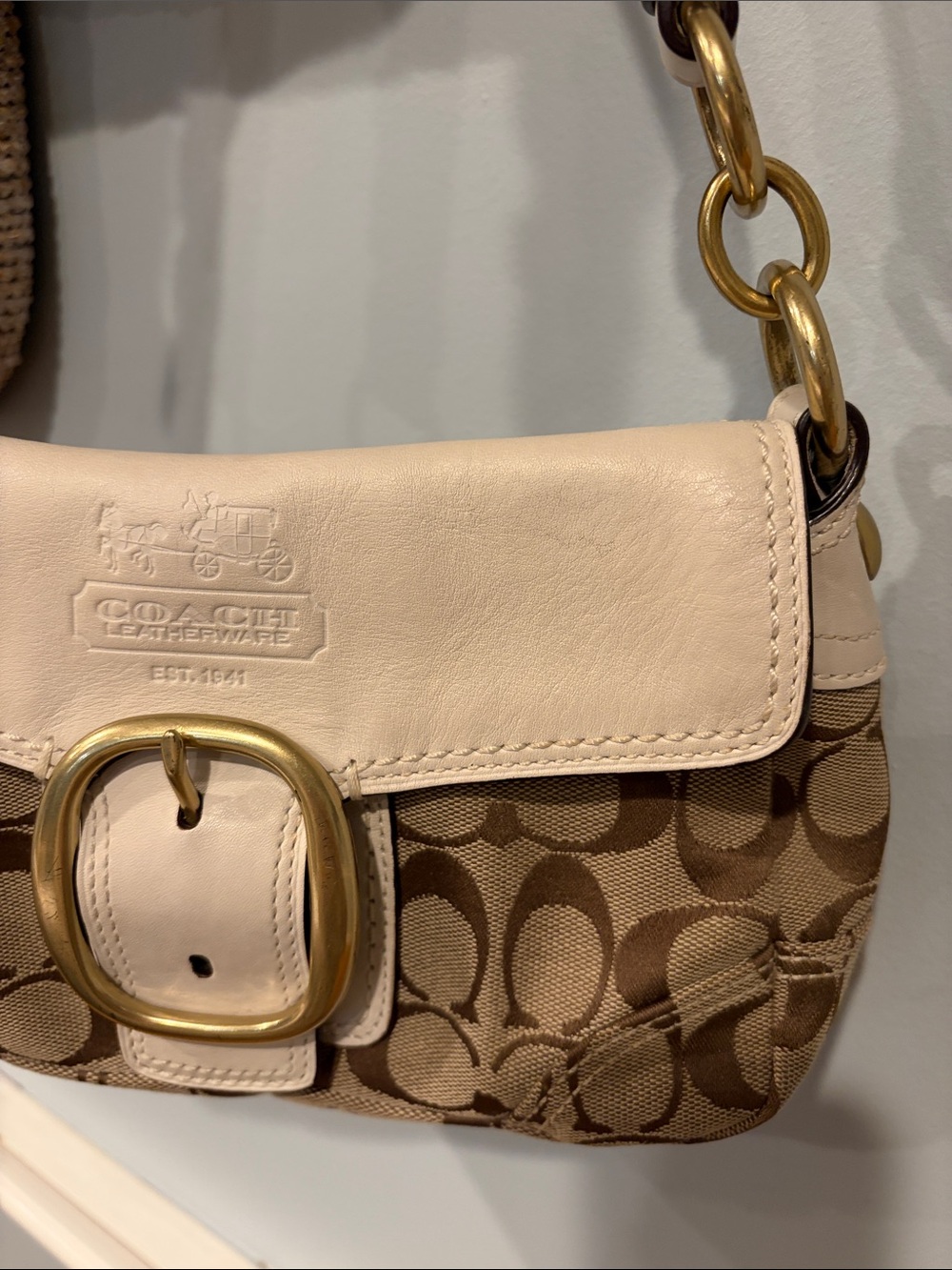 Coach Bleecker Signature Small Shoulder Bag in Khaki/Chalk - Picture 3 of 12